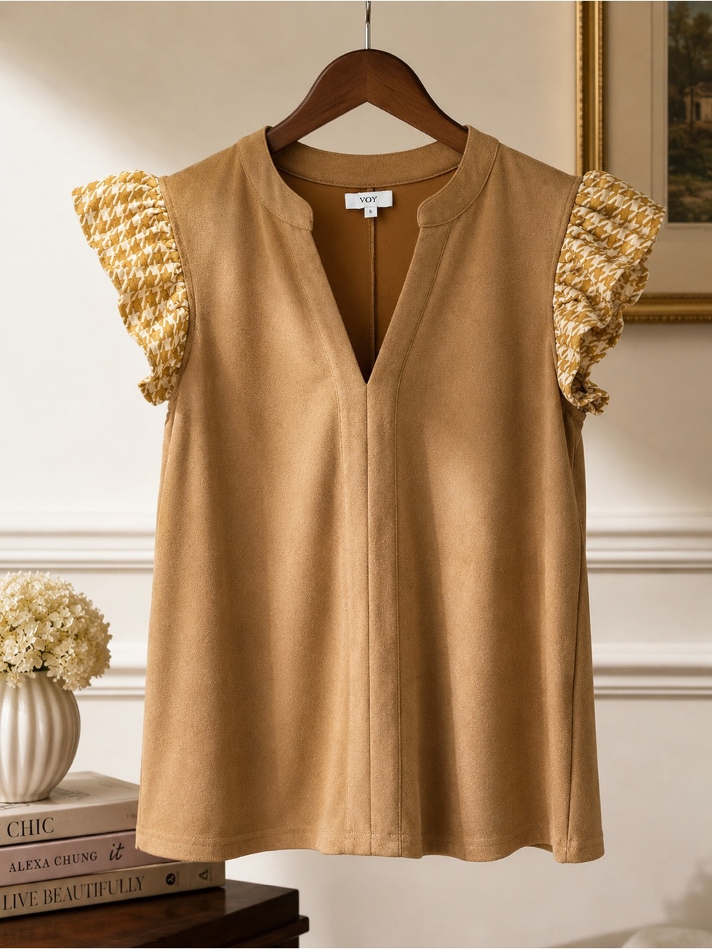 Voy Preppy Houndstooth Flutter Sleeve Top Camel Brown Old Money Preppy Size S